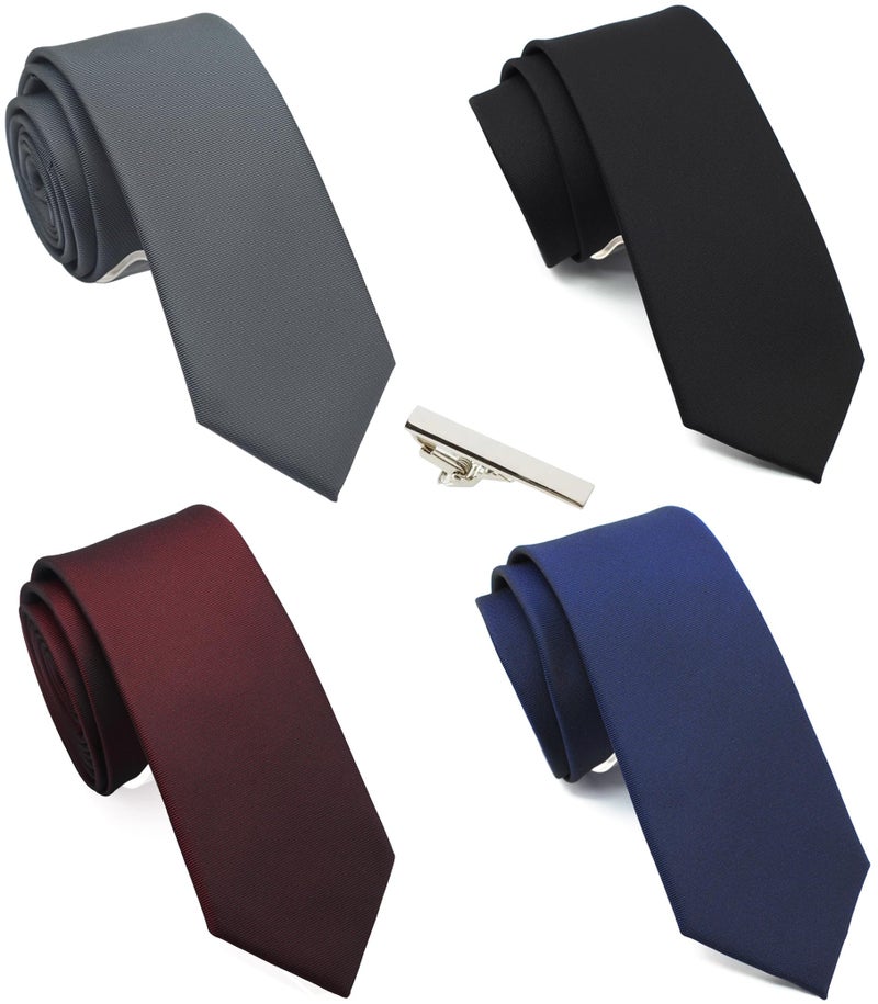 ZENXUS Skinny Solid Ties for Men, 2.5 inch Slim Neckties Matte Plain Assorted, Navy, Gray, Burgundy, Black, 4-Pack plus Silver Tie Bar - Image 1